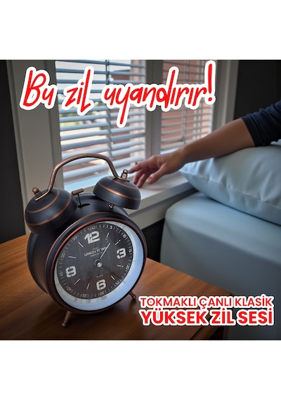 Upway Çanlı Tokmaklı Yüksek Zil Sesli Çalar Saat Vintage Tarz Metal Büyük Boy Siyah
