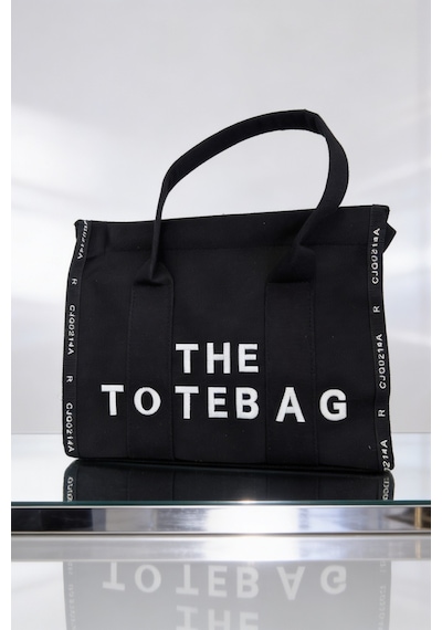 Ents Siyah Kadın Kanvas Tote Bag Günlük Omuz Çantası Büyük Boy Siyah - Beyaz
