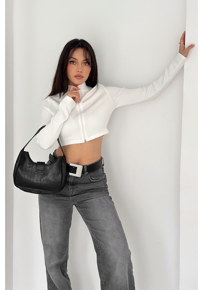 Kadın Fermuarlı Crop Ceket Dinamik & Modern Stil Beyaz
