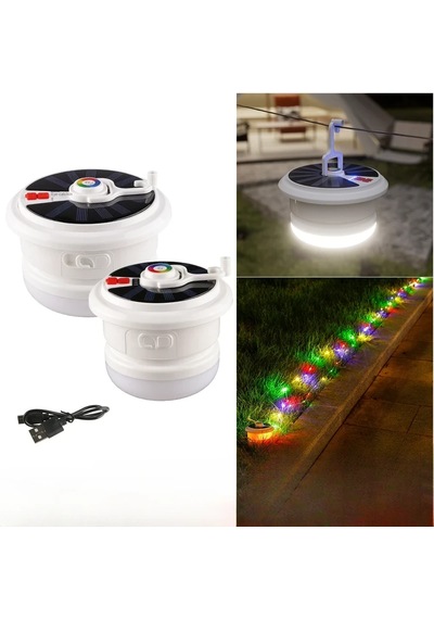 Güneş Enerjili Kamp Feneri 10 Metre Ledli Rgb 4 Işık Modlu Asılabilir Piknik Acil Durum Solar Feneri -