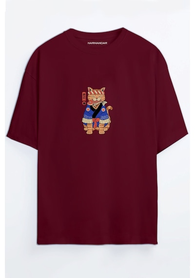 Anime Kedi Baskılı Unisex Siyah Oversize T-shirt Bordo