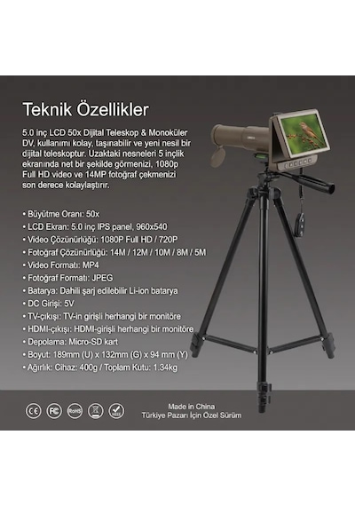 Um053 5.0 İnç Ips Ekranlı 50x Dijital Teleskop - 1080p Full Hd Video, 14 Mp Fotoğraf, Tripod & Uzaktan Kumandalı Uzak Mesafe Gözlem Dürbünü