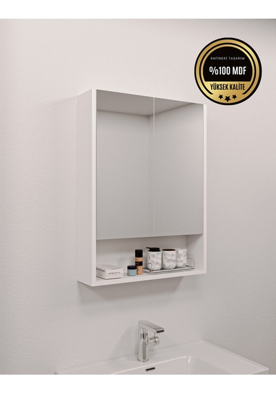 Lotus Mdf 2 Kapaklı Aynalı Banyo Dolabı Lavabo Üstü Dolap Çok Amaçlı Banyo Dolabı Beyaz