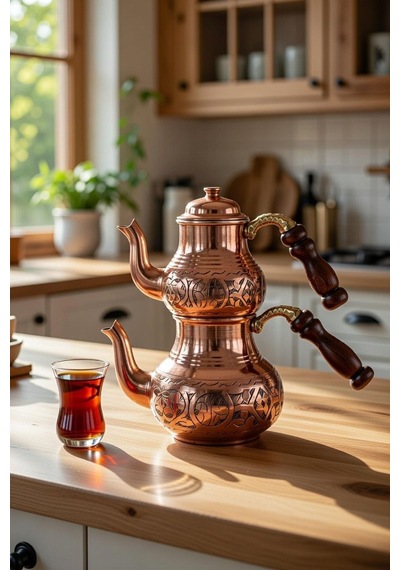 Dmt Copper Home Bakır Küçük Boy 3 Kişilik Çaydanlık El Yapımı Gaziantep Üretimi, Alt 900 Ml Üst 500 Ml Bakır