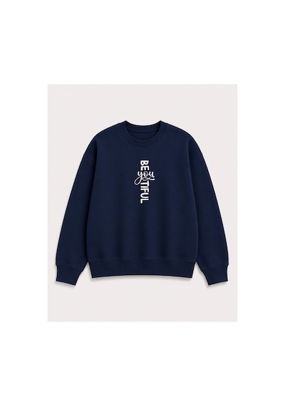 Herkesemoda Beatiful Yazılı Baskı Detaylı Şardonlu 2 İplik Bisiklet Yaka Sweatshirt Lacivert