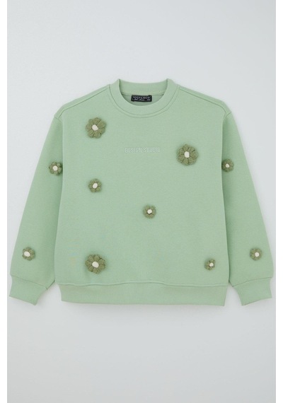Locoloco Kız Çocuk Sweatshirt Çiçek Motifli 9-14 Yaş, Su Yeşili Su Yeşili