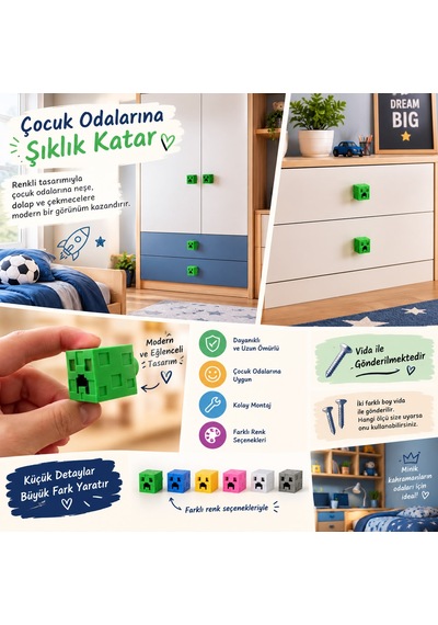 Tekli Blok Figürlü Dolap ve Çekmece Kulpu Çocuk Ve Genç Odaları İçin Mobilya Kulpu Düğme Tekli Yeşil