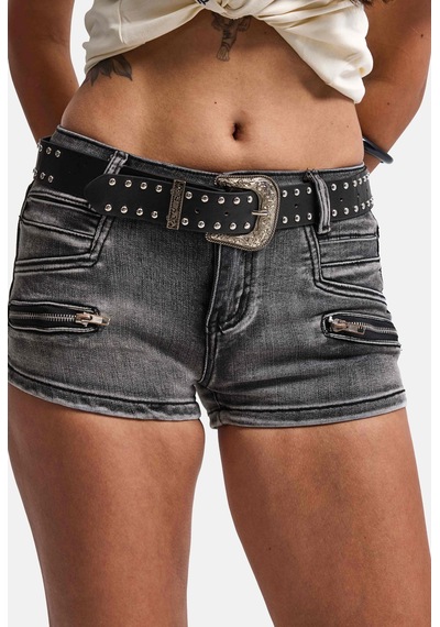 Kadın Koyu Füme Mini Kemer Dahil Özel Tasarım Denim Şort Siyah