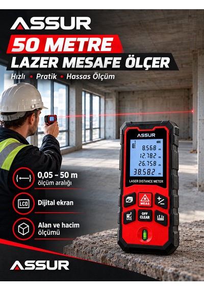 Assur 50 Metre Lazer Mesafe Ölçer Lazer Metre