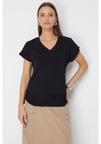 On Kadın V Yaka Parçalı T-shirt 71475 Siyah