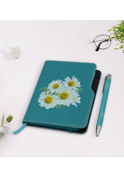 Kişiye Özel Papatya Temalı Turkuaz Termo Deri Defter Kalem Seti-1 N11.4154