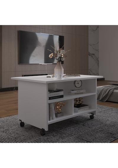 Asra Trend Orta Sehpa OS001 %100 MDF Tekerlekli İki Katlı Geniş Raf Takımı Beyaz