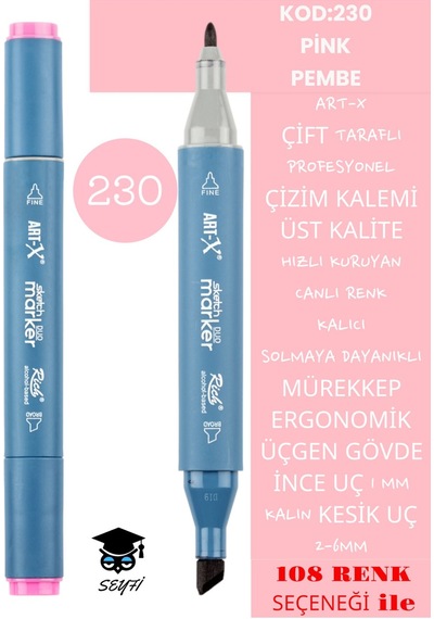Çift Taraflı Profesyonel Çizim Kalemi Kalıcı Mürekkep Üçgen Gövde İnce Uç 1 Mm Kesik Uç 2-6mm Sketch 230-pembe