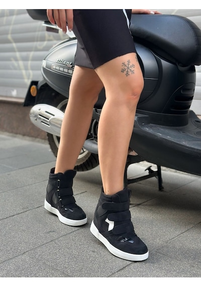 Erva'nın Butiği Siyah Süet İsabe Gizli Topuk Dolgu Topuk 7 Cm Boy Uzatan Sneakers-6446