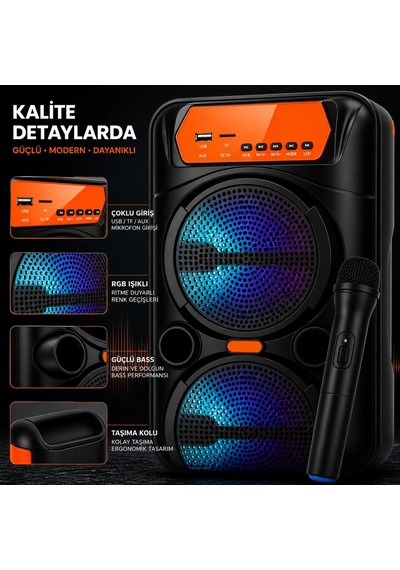Büyük Boy Rgb Işıklı Hoparlör, 2x15w Güçlü Bass, Kablosuz Mikrofonlu, 360 Stereo Ses, Bluetooth Tws, Usb Aux