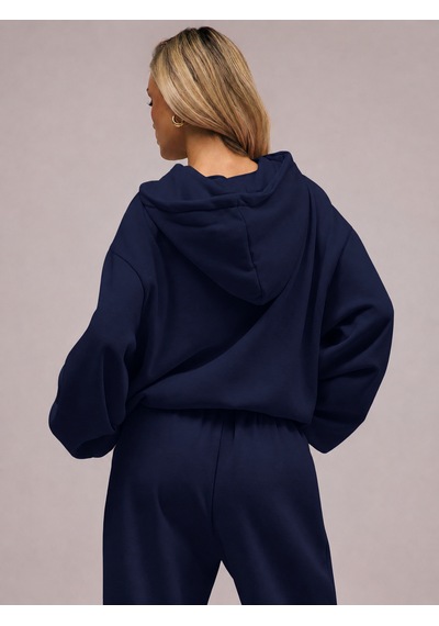 Macklin Unisex Kadın Erkek Baskısız Rahat Kalıp Oversize 3 İplik Kapüşonlu Hoodie Ve Baggy Eşofman Altı Lacivert