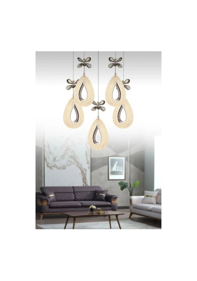 LumiaLighting Damla Model 5'li Gümüş Kumandalı 3 Renk Modu Ledli Kristal Taşlı Modern Salon Mutfak Oturma Odası Led Avize