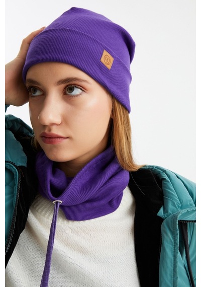 Butikgiz Kadın Balıkçı Style Pamuklu Kaşkorse Terletmez Ultra Hafif Yumuşak Bere Boyunluk Takım Mor