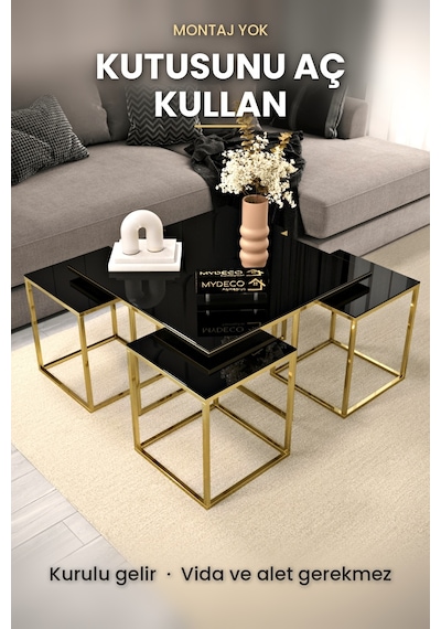 Alberta 5 Parça Gold Zigon Sehpa Takımı Orta Sehpa Yan Sehpa siyah Cam Kurulu Hediye 75x75 Alberta 5 Parça Gold Zigon Sehpa Takımı Orta Sehpa Yan Sehpa siyah Cam Kurulu Hediye 75x75