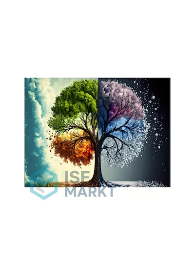 Elmas Boyama Seti - Dört Mevsim Ağacı Yuvarlak Akrilik Taşlar, Four Seasons Tree Dıy 30x40 Cm