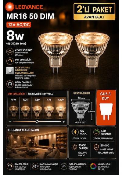 2 Adet Ledvance 12v Ac/dc 8w 50w Dimli 2700k Sarı Işık Gu5.3 Duylu Led Çanak Ampul