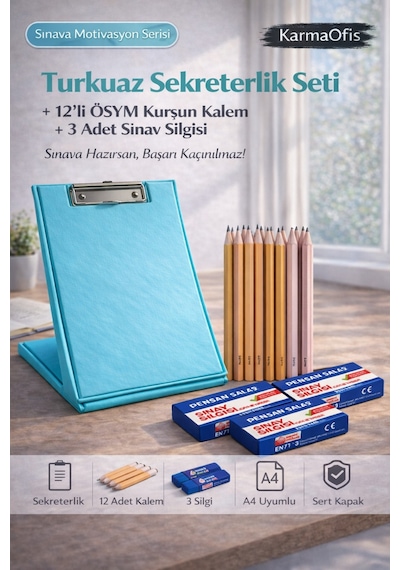 Turkuaz Sekreterlik Seti + 12 Li Ösym Kurşun Kalem + 3 Sınav Silgisi Sınav Hazırlık Seti