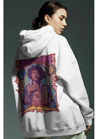 Sevbano Jimi Hendrix Efsane Şarkıcı Sırt Baskılı Unisex Oversize Penye Ho beyaz