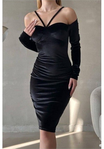 Lior Design Kadın Vintage Kalp Yaka Balık Kesim Uzun Kollu Abiye Elbise Siyah