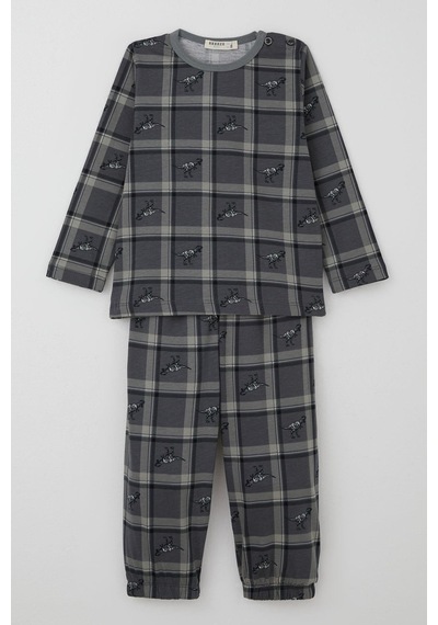 Breeze Erkek Bebek Pijama Takımı Dinozor Krallığı Ekose Desenli 9 Ay-3 Yaş, Gri Gri