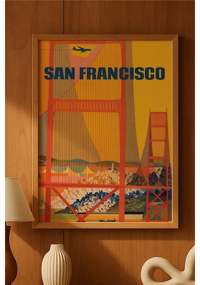 San Francisco Doğal Ahşap Çerçeveli Poster, Dekoratif Seyahat Duvar Tablosu