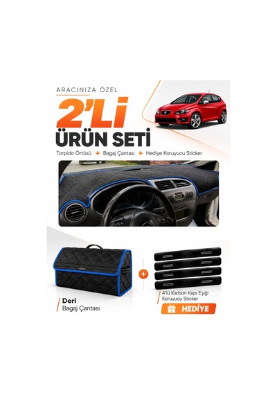 Seat Leon 2005-2012 Uyumlu Torpido Örtüsü + Deri Bagaj Çantası + Sticker Seti - Siyah Mavi