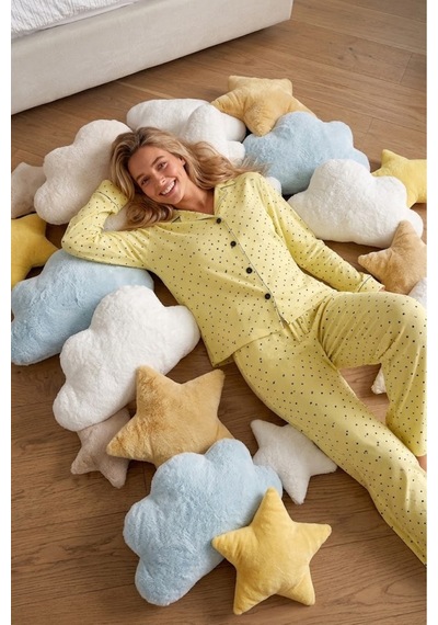 Womanandkids Gri Kadın Puantiyeli Uzun Kollu Düğmeli Pijama Takımı sarı