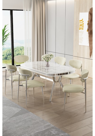Canisa Olya Serisi 90x168 Lak Panel Beyaz Mermer Desenmasa Takımı Krom Ayaklı 6 Krem Sandalye Masa Beyaz Mermer Krem Sandalye