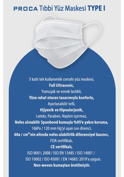 Proca Tek Kullanımlık 3 Katlı Telli Cerrahi Maske 50'li Paket