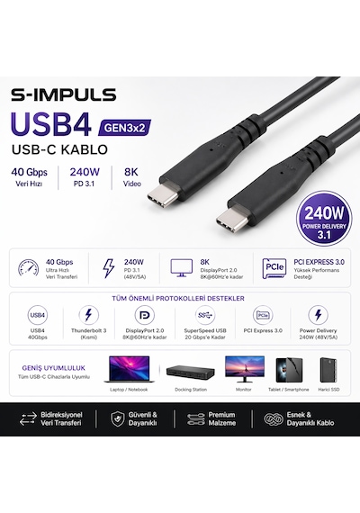 S-ımpuls Usb-c Usb4 Gen 3x2 Kablo 240w 40gbps, Pd 3.1, 8k Video Destekli, Thunderbolt 3/4 Uyumlu 2 Metre
