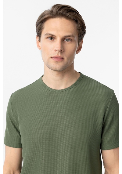 Süvari Koyu Haki Slim Fit Armürlü Bisiklet Yaka Tişört-37381 Koyu Haki