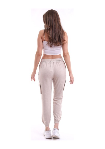 Winmoda34 Keten Pantolon Kargo Cepli Lastik Paça Taş Rengi Taş