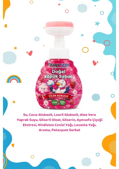 Baby İcon Doğal Çocuk Köpük El Sabunu 350 Ml Çilek Kokulu Vegan Parabensiz Çiçek Şekilli Pembe Köpük