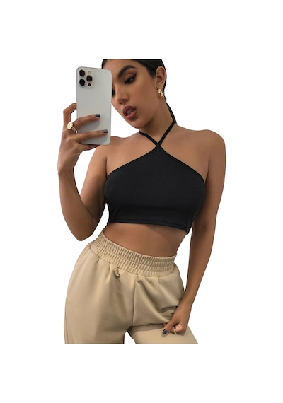 Liona Kadın Boyundan Bağlamalı Siyah Renk Crop Top Bluz 001