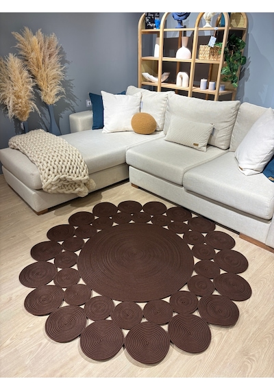 Mavaux Papatya Hasır Jüt Çiçek Desenli Kilim Halı Kahverengi