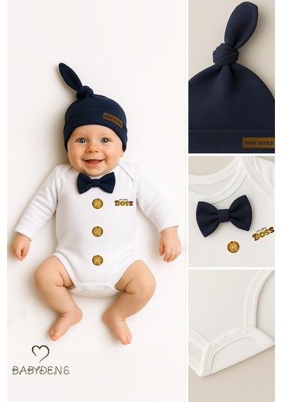 Babyden's Mini Boss Papyonlu Erkek Bebek Zıbın Seti Şapkalı Yenidoğan Bebek Body Takım Lacivert
