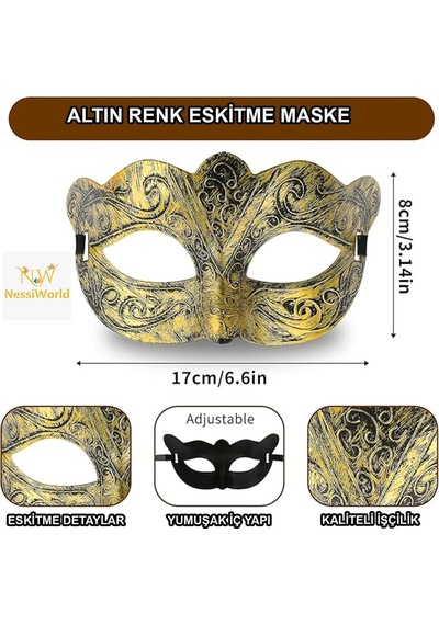 Altın Renk Eskitme Maskeli Balo Maskesi Venedik Tarzı Parti Maskesi Yetişkin 58295080