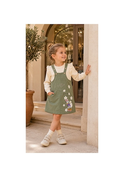 Nota Kids Kız Çocuk Çiçek Baskılı Gabardin Jile Elbise Takımı Dantel Detaylı Sweatshirtlü 2'li Takım Yeşil