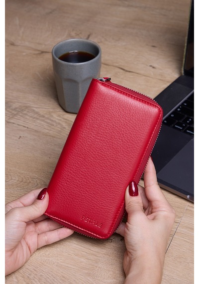 Lysande Hakiki Deri Unisex Telefon Bölmeli Cüzdan 15 Kartlıklı Cüzdan Kartlık Kırmızı