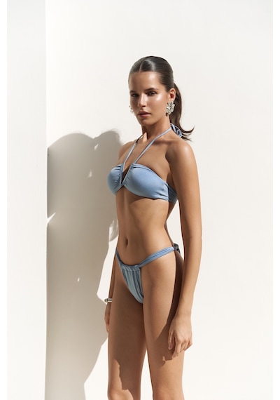 Mai Collection Mai Studios Co. Bunga Bağlamalı Büzgü Detay Mavi Bikini Üstü Mavi