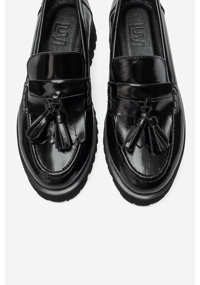 Luvi Shoes Poen Siyah Rugan Hakiki Deri Püsküllü Kadın Loafer Ayakkabı