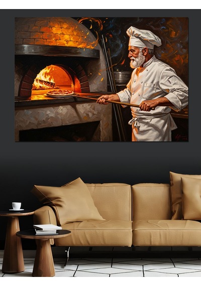 Ahşap Tablo Taş Fırında Pizza Pişiren Şef