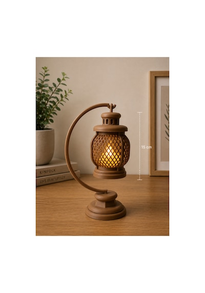 3d Dekoratif Retro Fener Gece Lambası Led Işıklı Masa Lambası 15 Cm Pla Dekoratif Aydınlatma Kahverengi