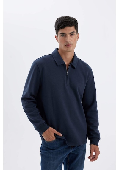 DeFacto Regular Fit Polo Yaka Yarım Fermuarlı Basic Düz Sweatshirt D2279AX24AUNV125 Lacivert