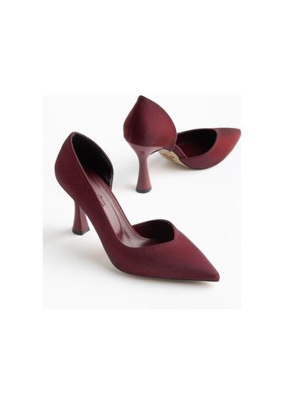 Büyük Beden Kadın İnce Topuklu Stiletto Bordo Parlak Saten Yan Açık-4669 Bordo